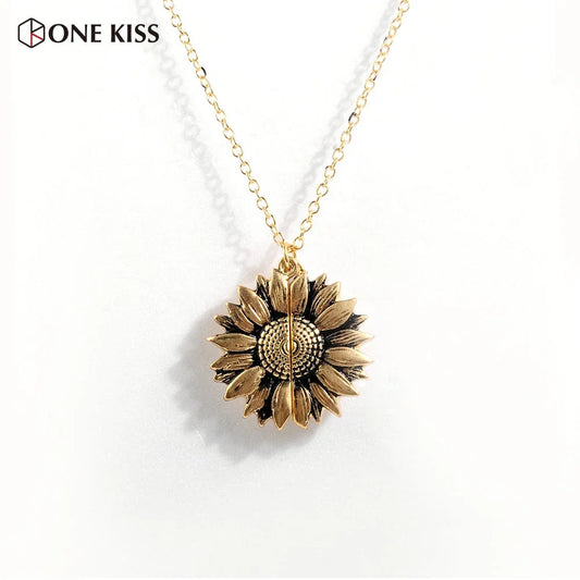 Vintage Sunflower Locket Pendant Necklace Bohemia female Gold Silver Open Engrave letter Necklaces Lover Gift - Johns Direct