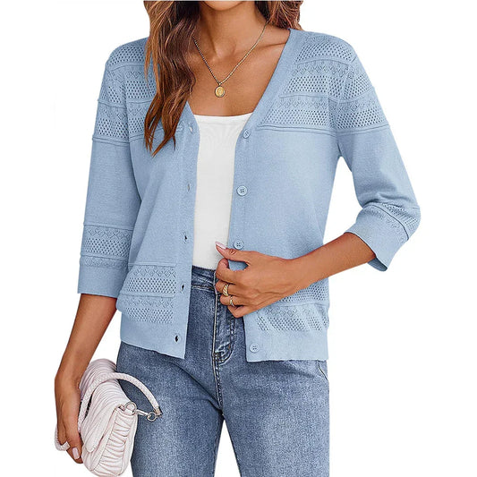 European and American shawl hollow knitted V-neck cardigan - Johns Direct