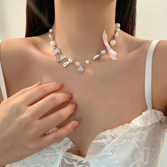 Sunflower frosted wax thread collarbone chain small fresh alloy pearl set necklace - Johns Direct