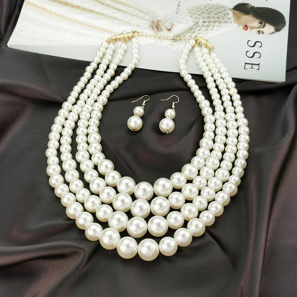 Layered Imitation Pearl Necklaces Sets For Women Handmade Beaded Chain Necklace Earrings Fashion Jewelry Set Charm Accesories - Johns Direct