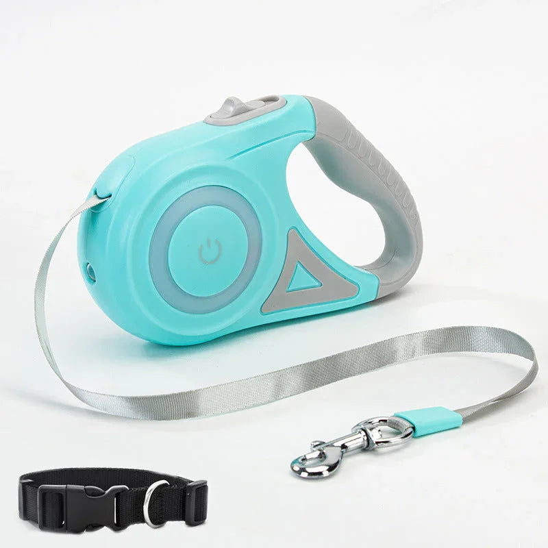Mint green retractable dog leash with black collar