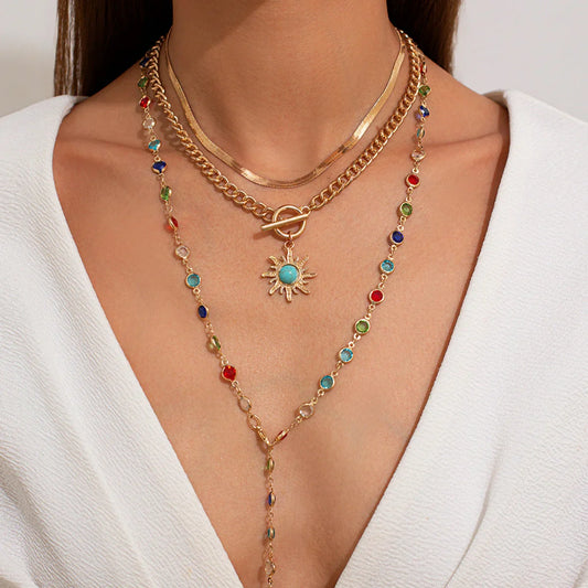Sunflower colored crystal chain necklace, sweet and flowing Su alloy multi-layer collarbone chain - Johns Direct