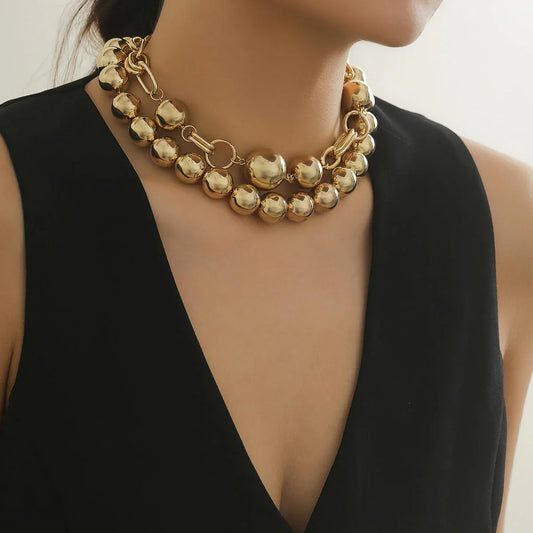 Creative. style round bead double layered necklace necklaces with exaggerated metal chains - Johns Direct