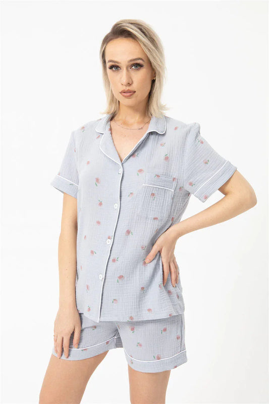 Women's light blue cotton gauze pajama set with pink floral print