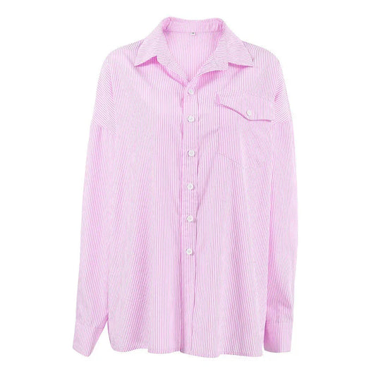 Pink striped women's casual long sleeve shirt