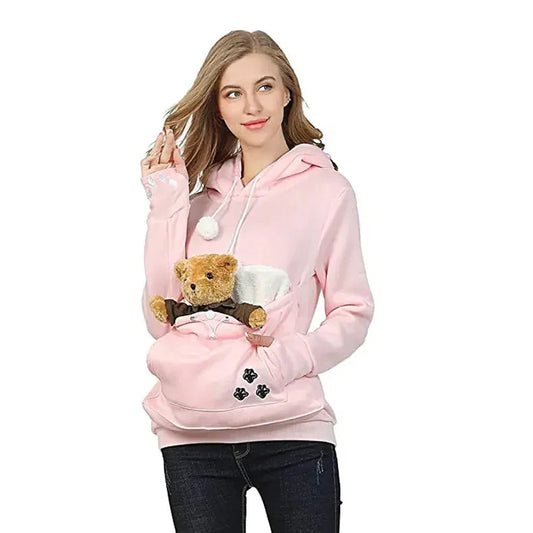 Pink pet carrier hoodie with front pocket and paw prints