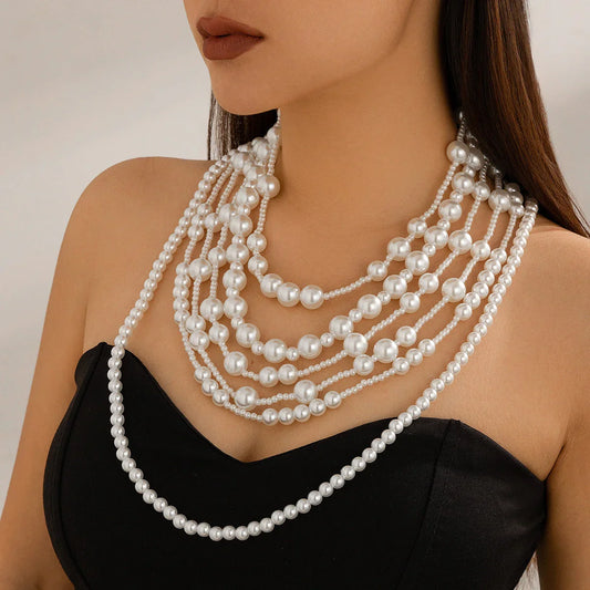 multi-layer imitation pearl necklace women's dress fashionable bride's small fragrance bead necklaces set - Johns Direct