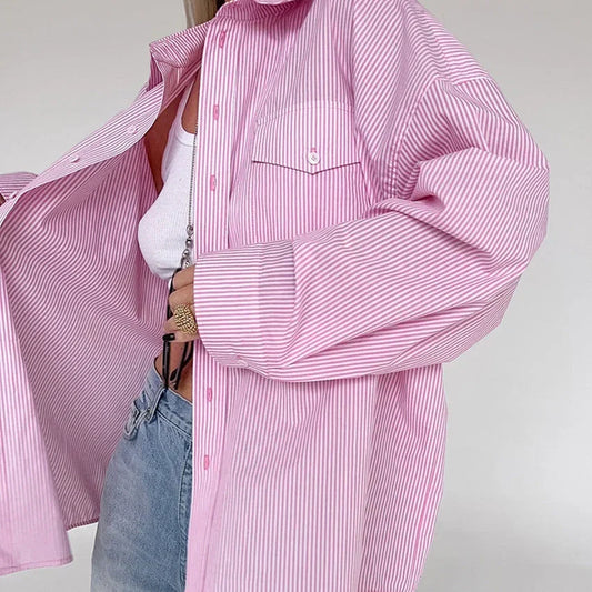 Pink striped long sleeve casual shirt for women