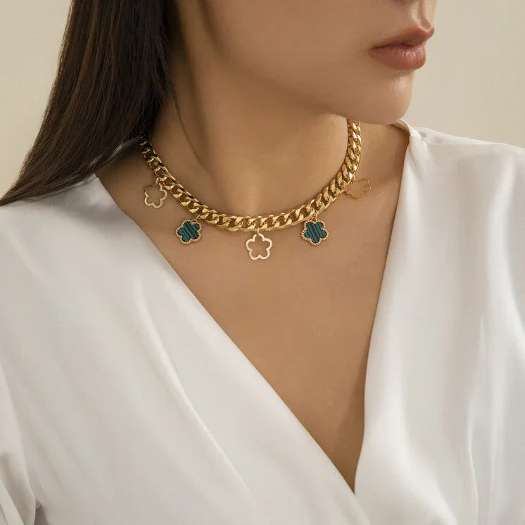 French elegant five leaf clover minimalist style necklace with sweet turquoise patterned flowers necklaces - Johns Direct