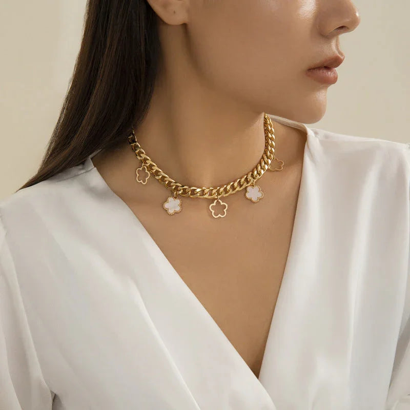 French elegant five leaf clover minimalist style necklace with sweet turquoise patterned flowers necklaces - Johns Direct