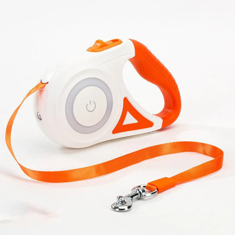 Orange and white retractable dog leash with handle