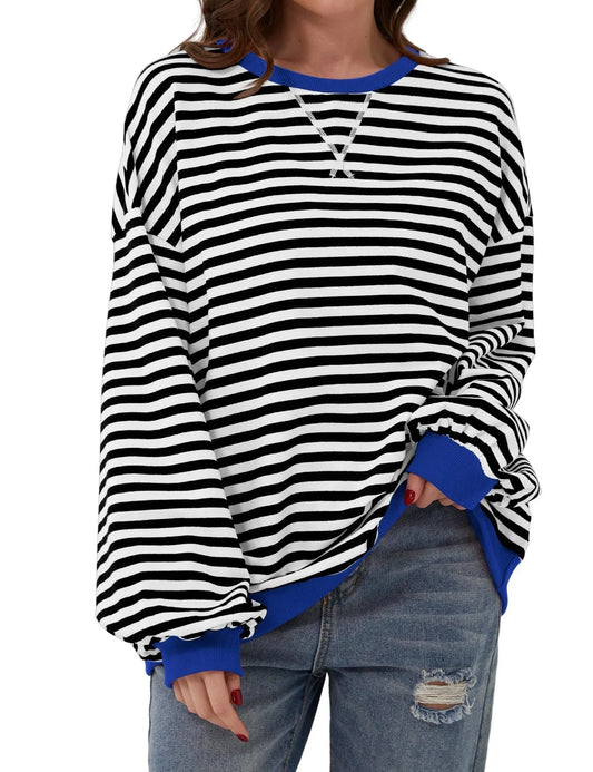 Simple new striped round-neck trendy long-sleeve pullover color-block T-shirt for home and casual wear - Johns Direct