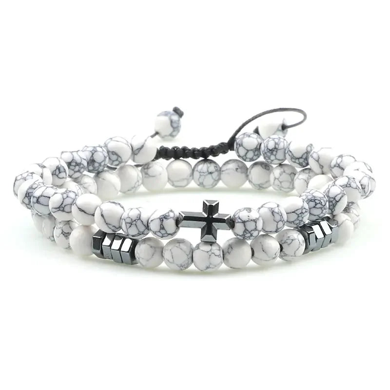 Tiger Eye Stone Beaded Bracelet with Cross Pendant - Johns Direct