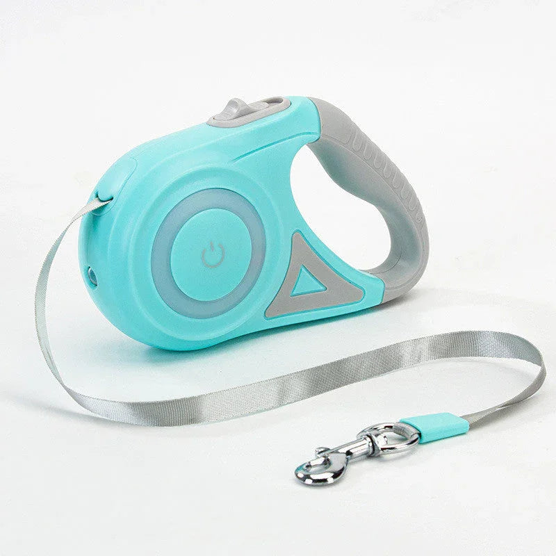 Retractable blue dog leash with gray handle