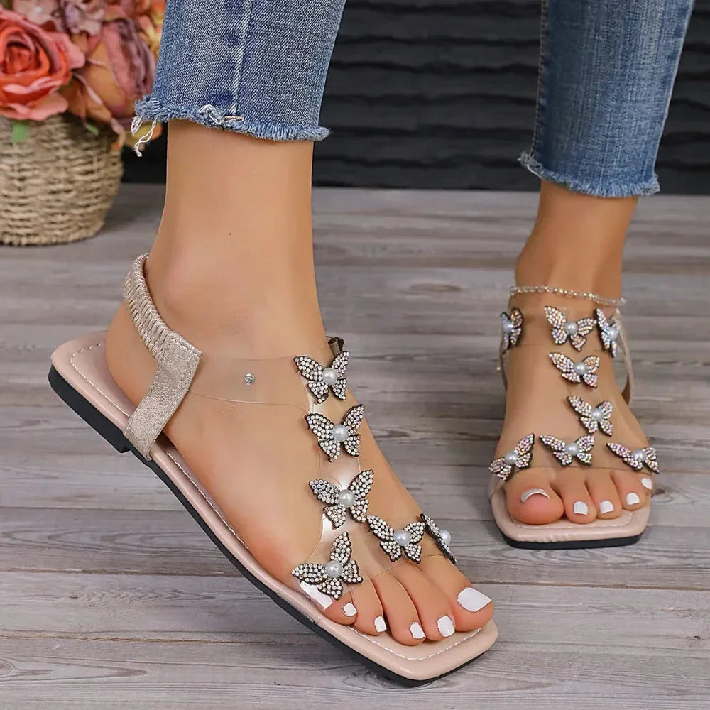 Rhinestone Butterfly Flat Sandals - Johns Direct