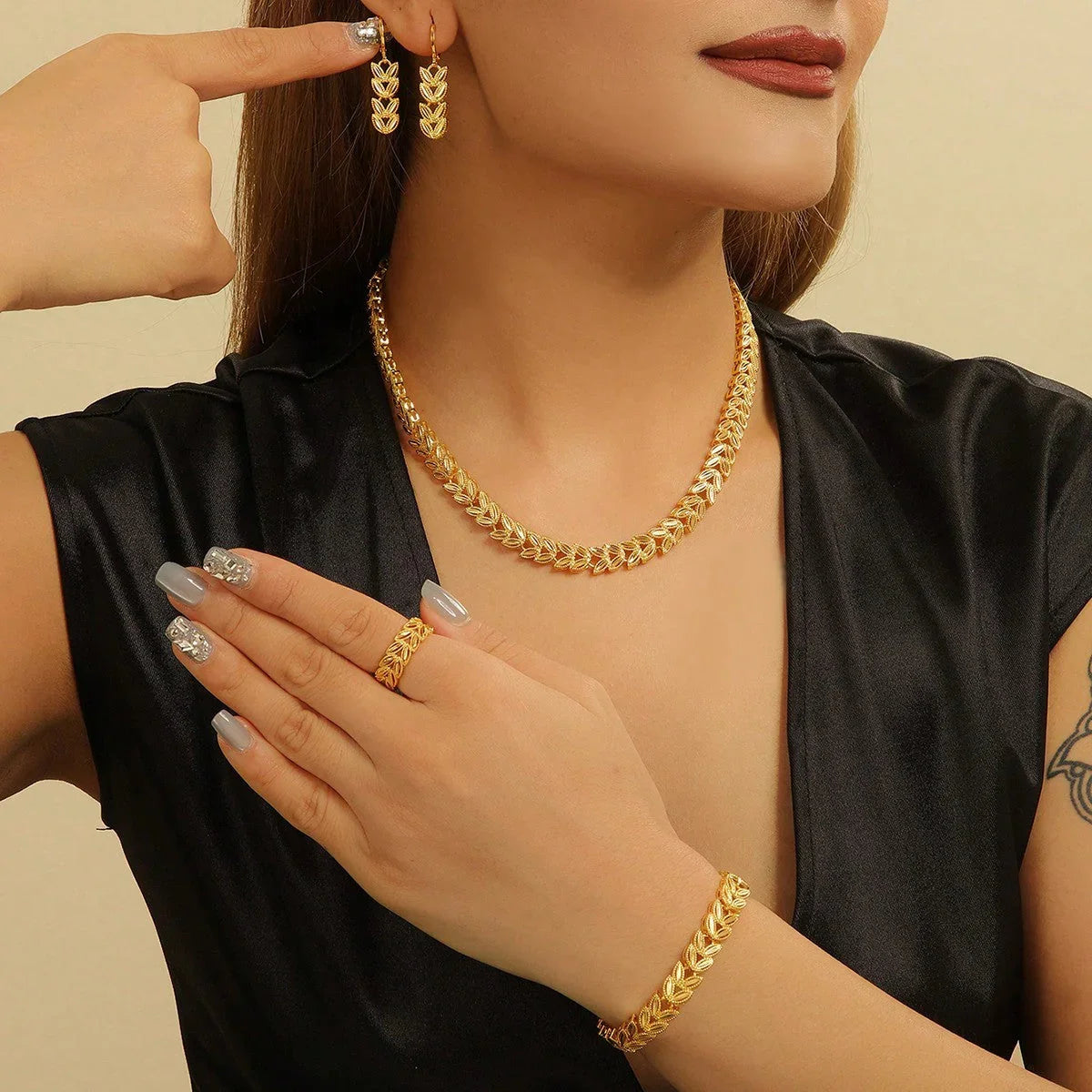 5pcs Retro Elegant 18k Gold Maple Leaf Women's Jewelry Set, Temperament Bridal Jewelry - Johns Direct