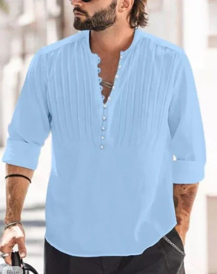 Men's light blue standing collar casual shirt