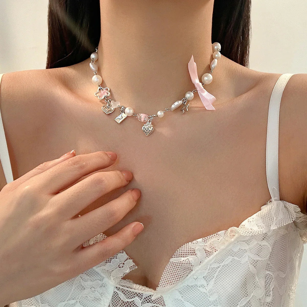 Sunflower frosted wax thread collarbone chain small fresh alloy pearl set necklace - Johns Direct