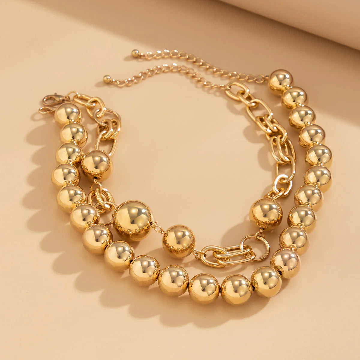 Creative. style round bead double layered necklace necklaces with exaggerated metal chains - Johns Direct