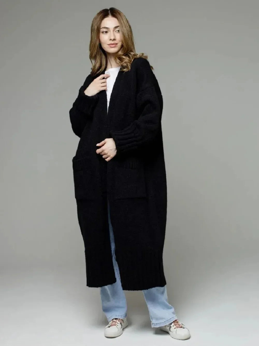 Pocketed Open Front Dropped Shoulder Cardigan - Johns Direct
