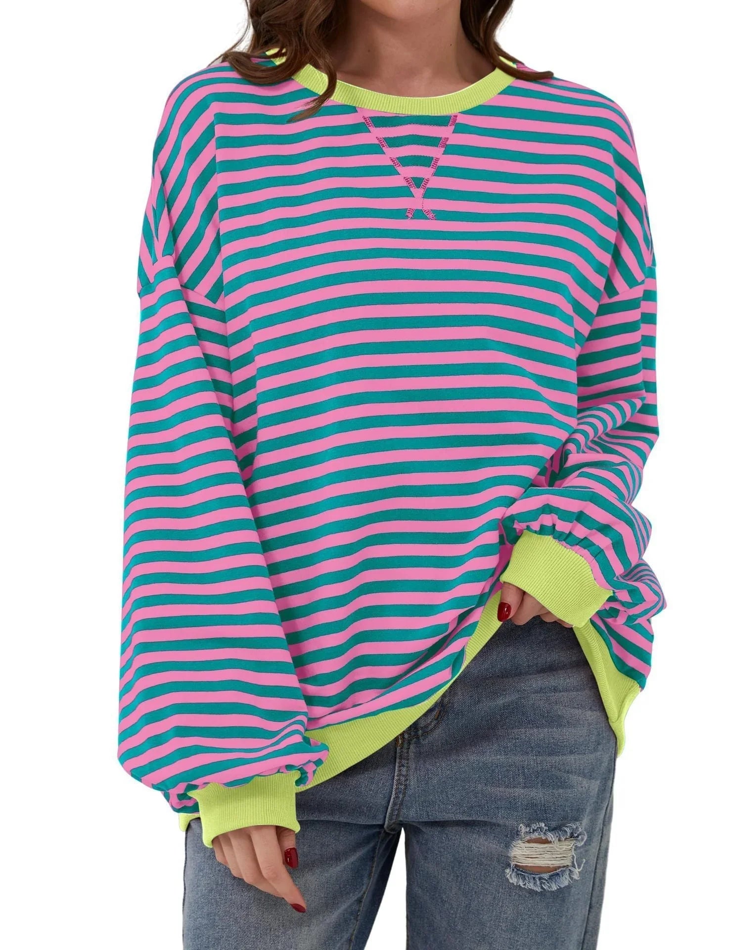 Simple new striped round-neck trendy long-sleeve pullover color-block T-shirt for home and casual wear - Johns Direct