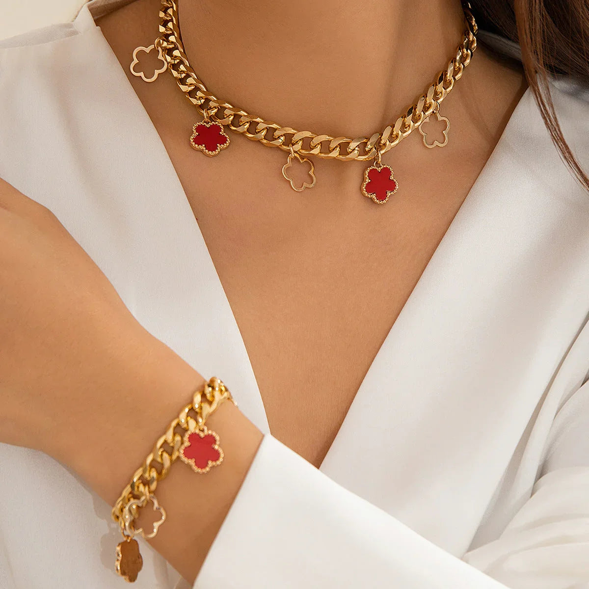 French elegant five leaf clover minimalist style necklace with sweet turquoise patterned flowers necklaces - Johns Direct