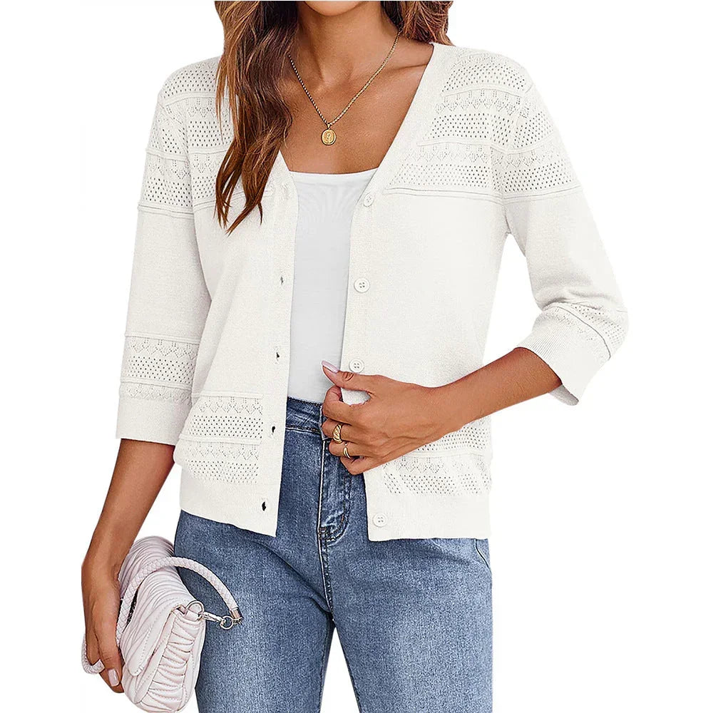European and American shawl hollow knitted V-neck cardigan - Johns Direct