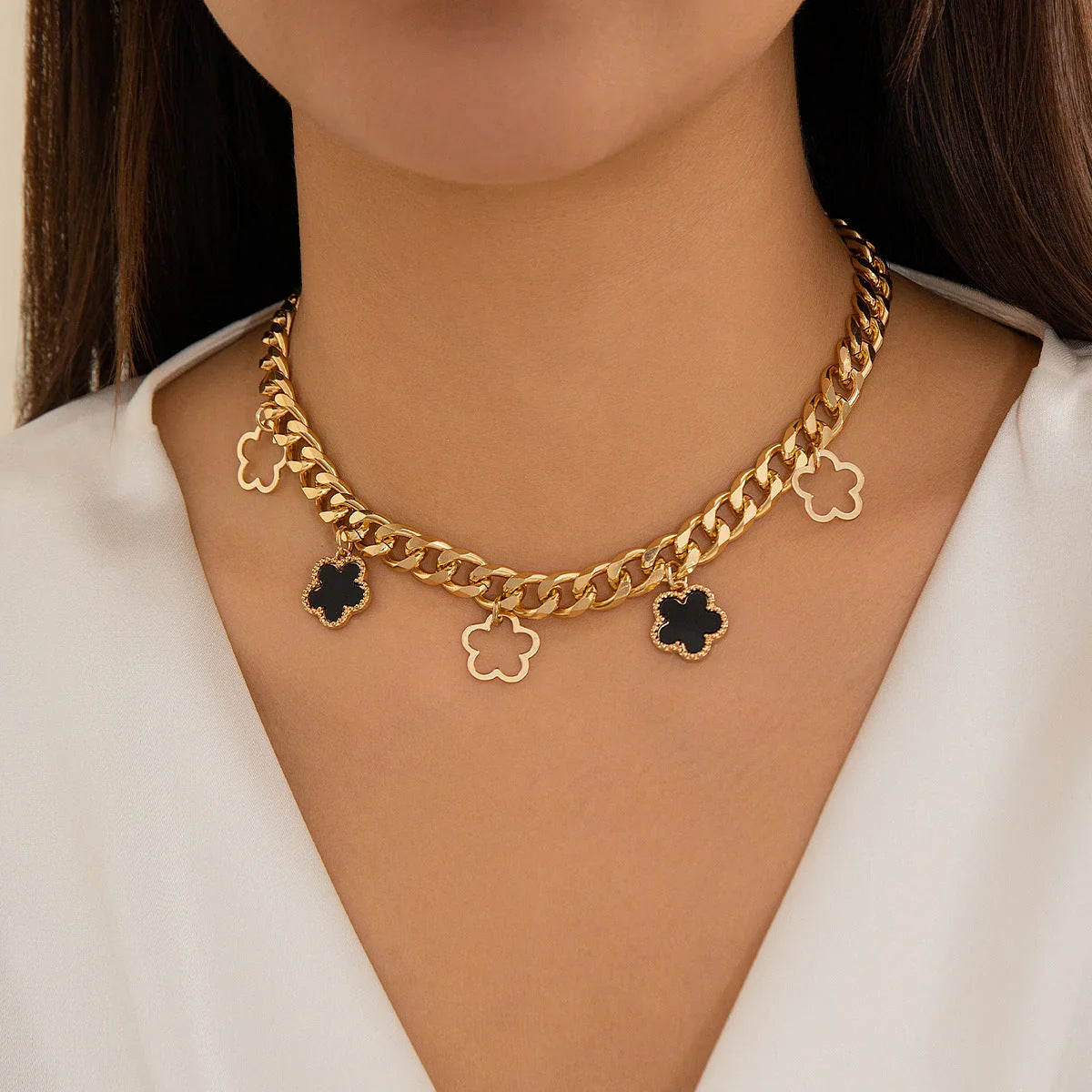 French elegant five leaf clover minimalist style necklace with sweet turquoise patterned flowers necklaces - Johns Direct