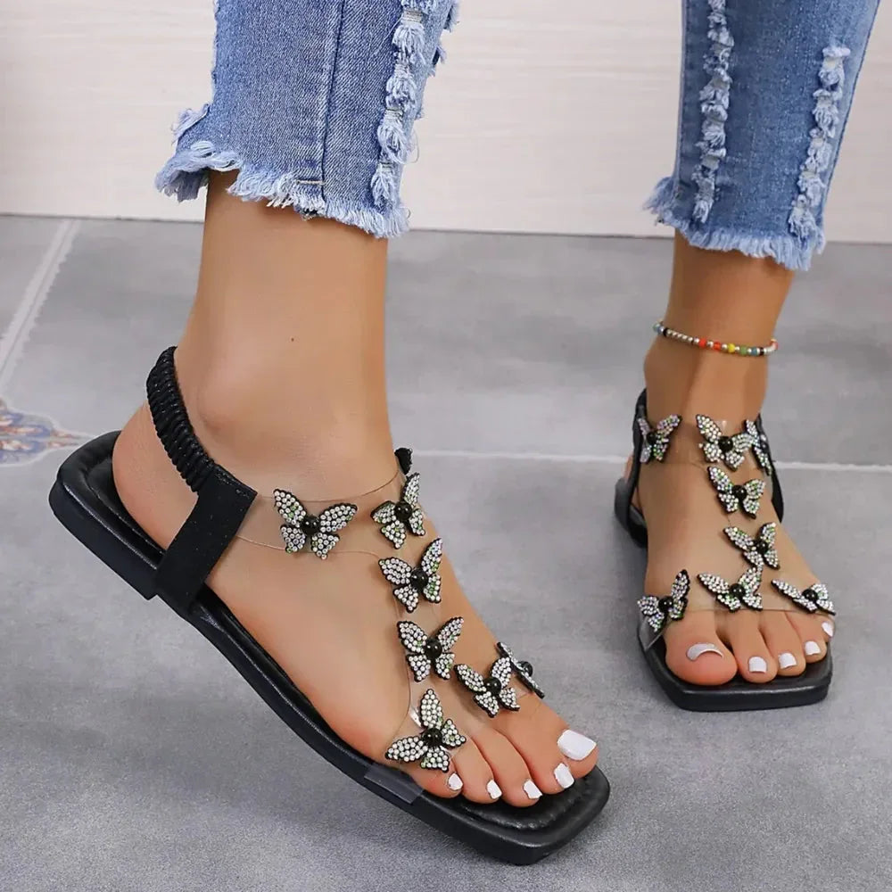Rhinestone Butterfly Flat Sandals - Johns Direct