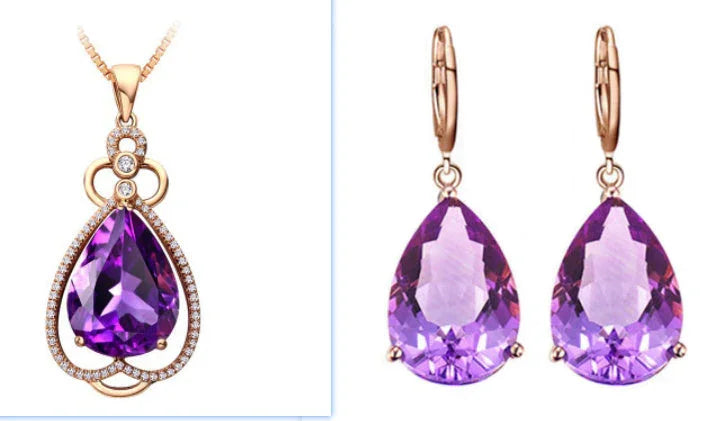Quality Ear Hook Purple Gemstone Diamond Ring Rose Gold Collarbone Necklace Set - Johns Direct