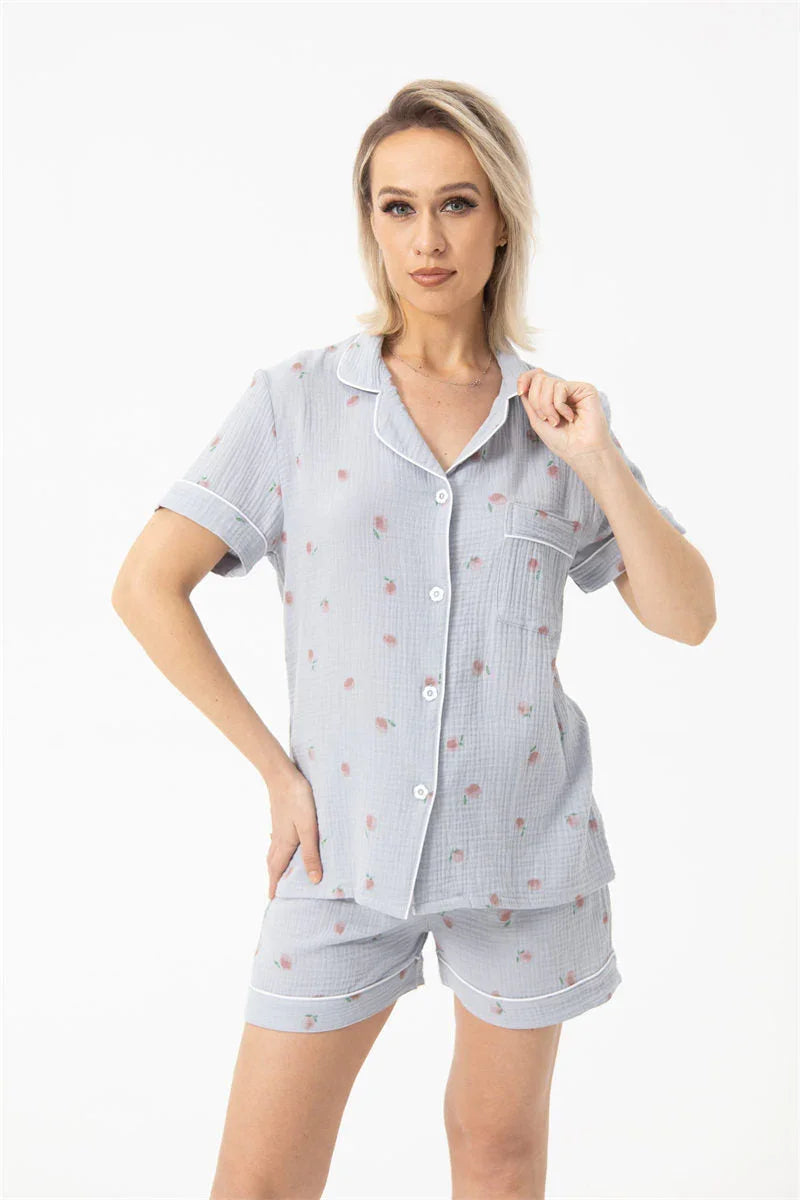 Light blue cotton gauze short-sleeve pajama set with floral print