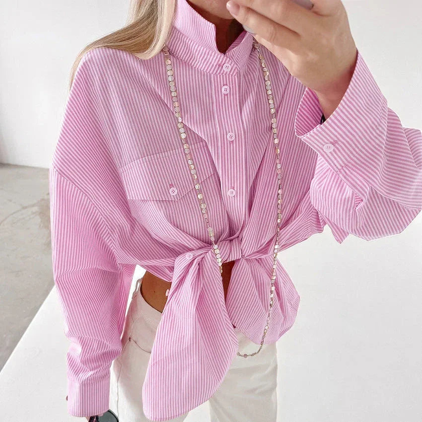 Pink striped long sleeve women's casual shirt top