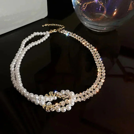 Pearl Crystal Choker Necklaces for Women Short Chain Rhinestone Necklaces Statement Jewelry - Johns Direct