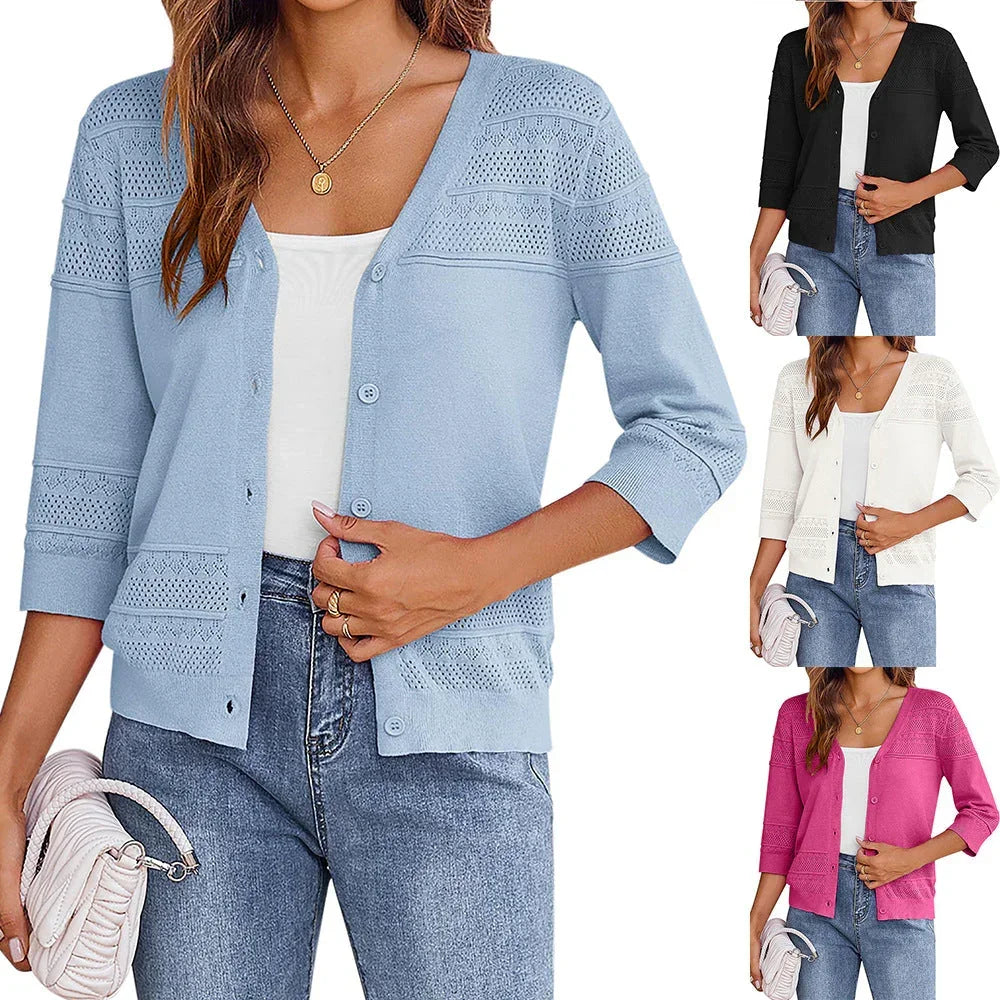 European and American shawl hollow knitted V-neck cardigan - Johns Direct