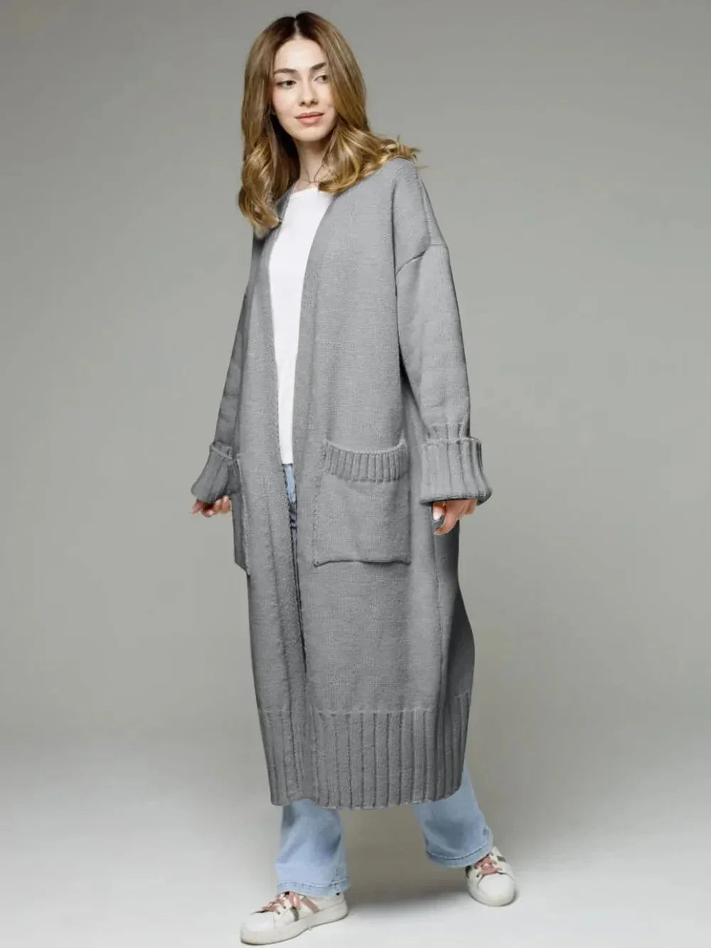 Pocketed Open Front Dropped Shoulder Cardigan - Johns Direct