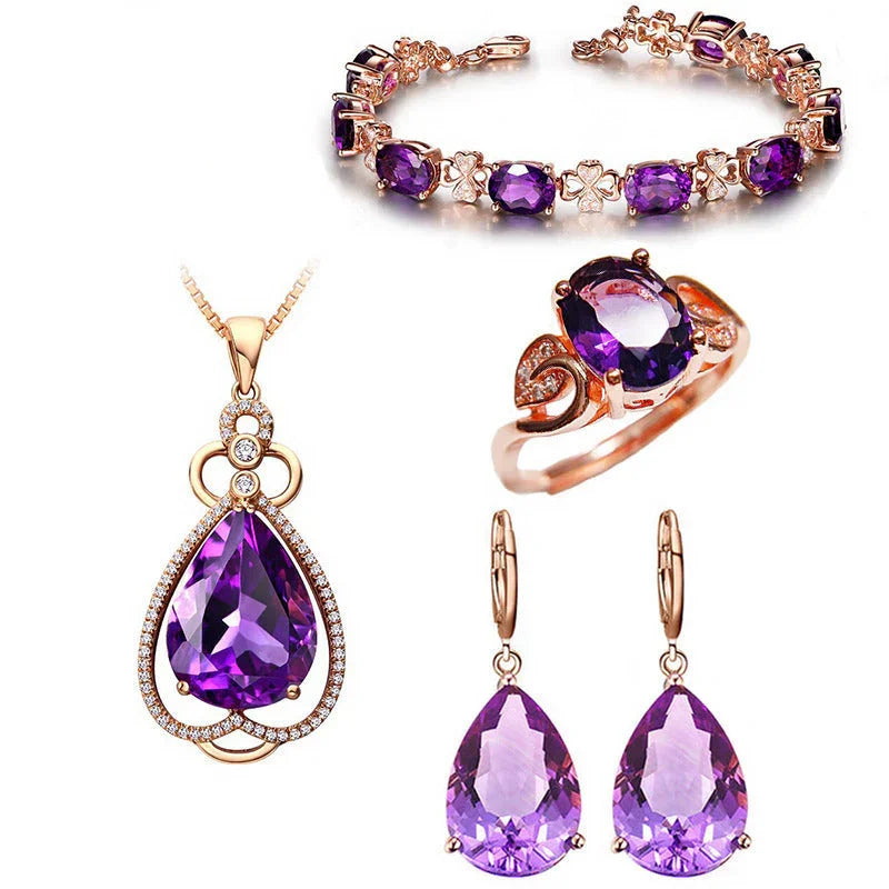 Quality Ear Hook Purple Gemstone Diamond Ring Rose Gold Collarbone Necklace Set - Johns Direct