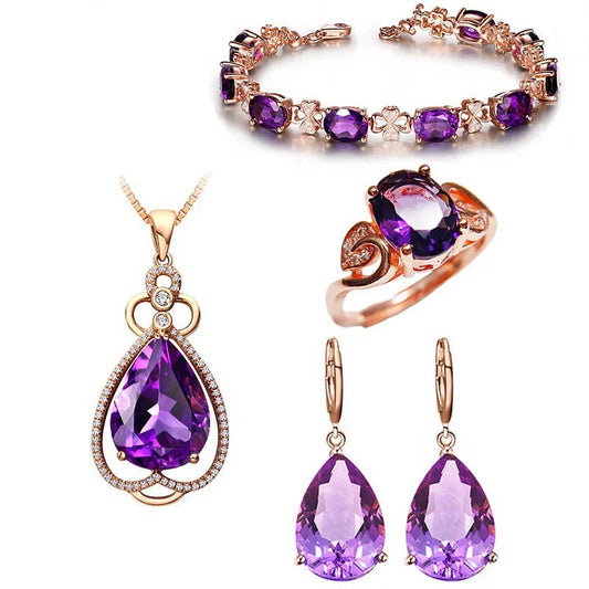 Quality Ear Hook Purple Gemstone Diamond Ring Rose Gold Collarbone Necklace Set - Johns Direct