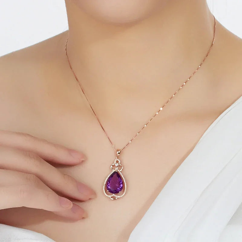 Quality Ear Hook Purple Gemstone Diamond Ring Rose Gold Collarbone Necklace Set - Johns Direct