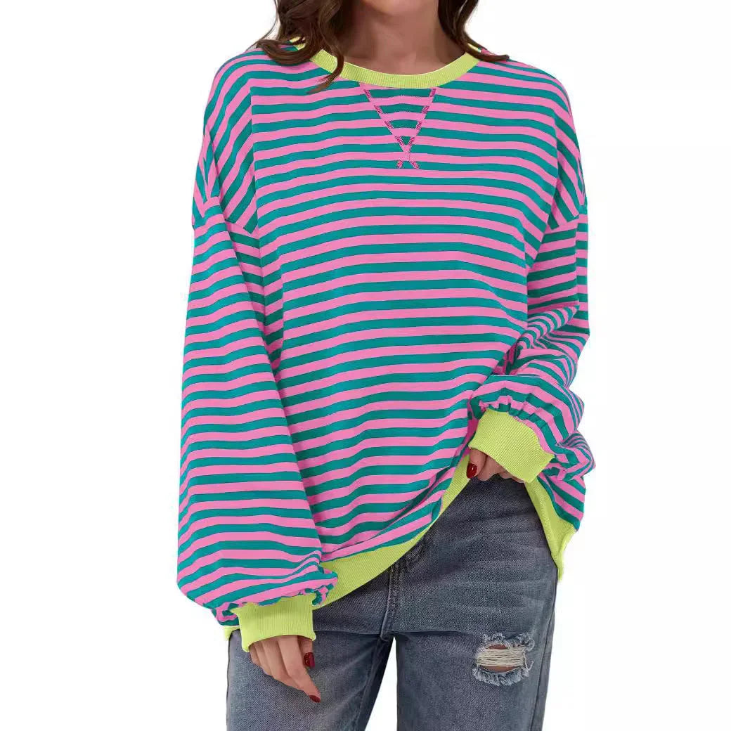 Simple new striped round-neck trendy long-sleeve pullover color-block T-shirt for home and casual wear - Johns Direct