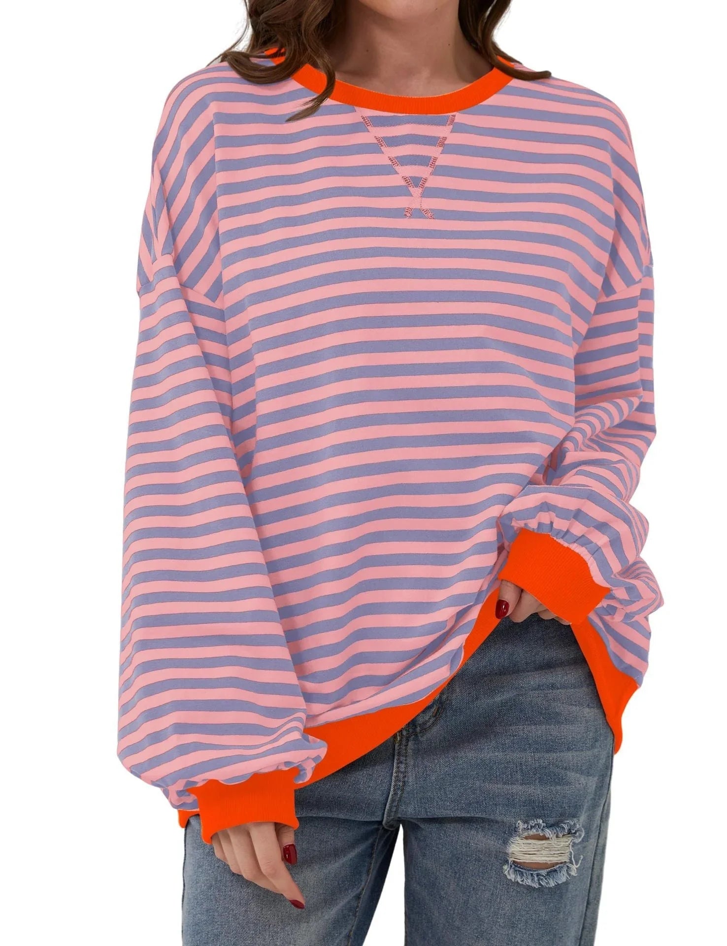 Simple new striped round-neck trendy long-sleeve pullover color-block T-shirt for home and casual wear - Johns Direct