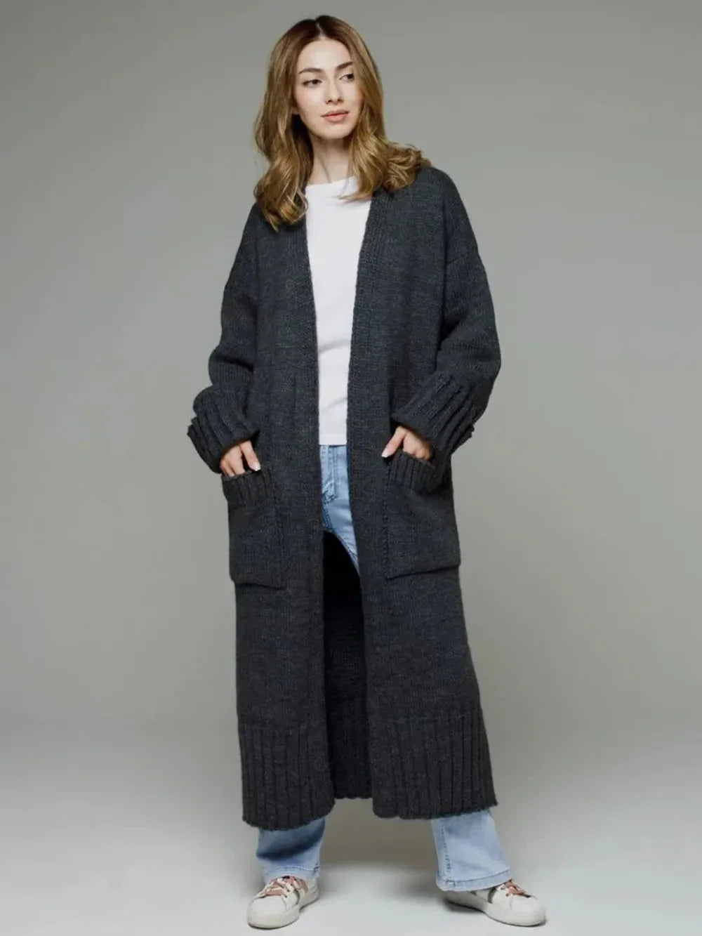 Pocketed Open Front Dropped Shoulder Cardigan - Johns Direct