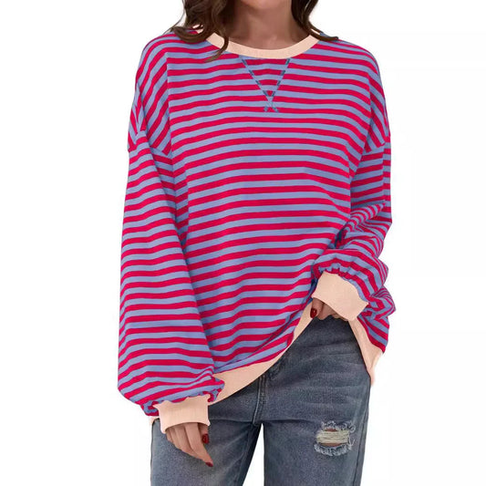 Simple new striped round-neck trendy long-sleeve pullover color-block T-shirt for home and casual wear - Johns Direct