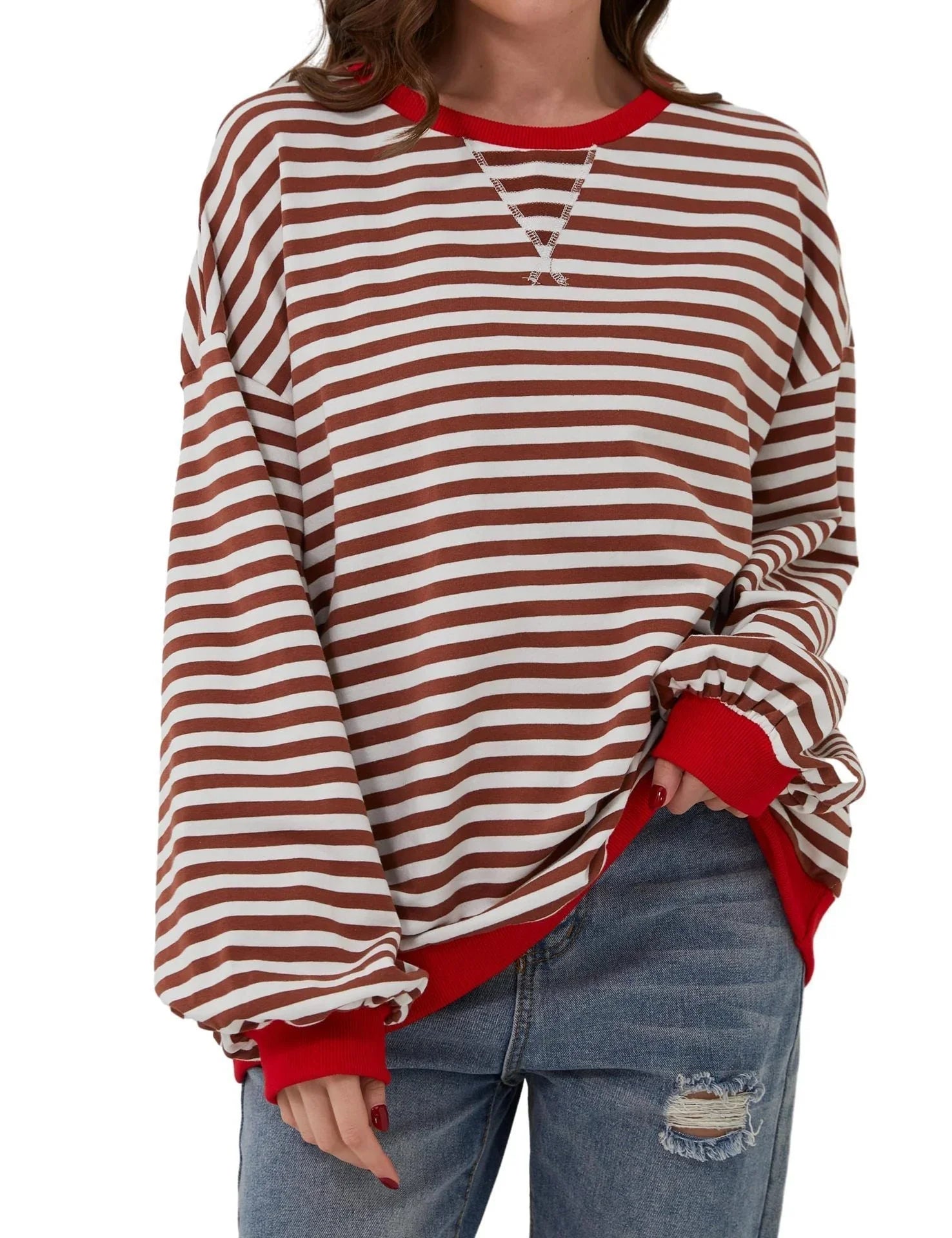 Simple new striped round-neck trendy long-sleeve pullover color-block T-shirt for home and casual wear - Johns Direct
