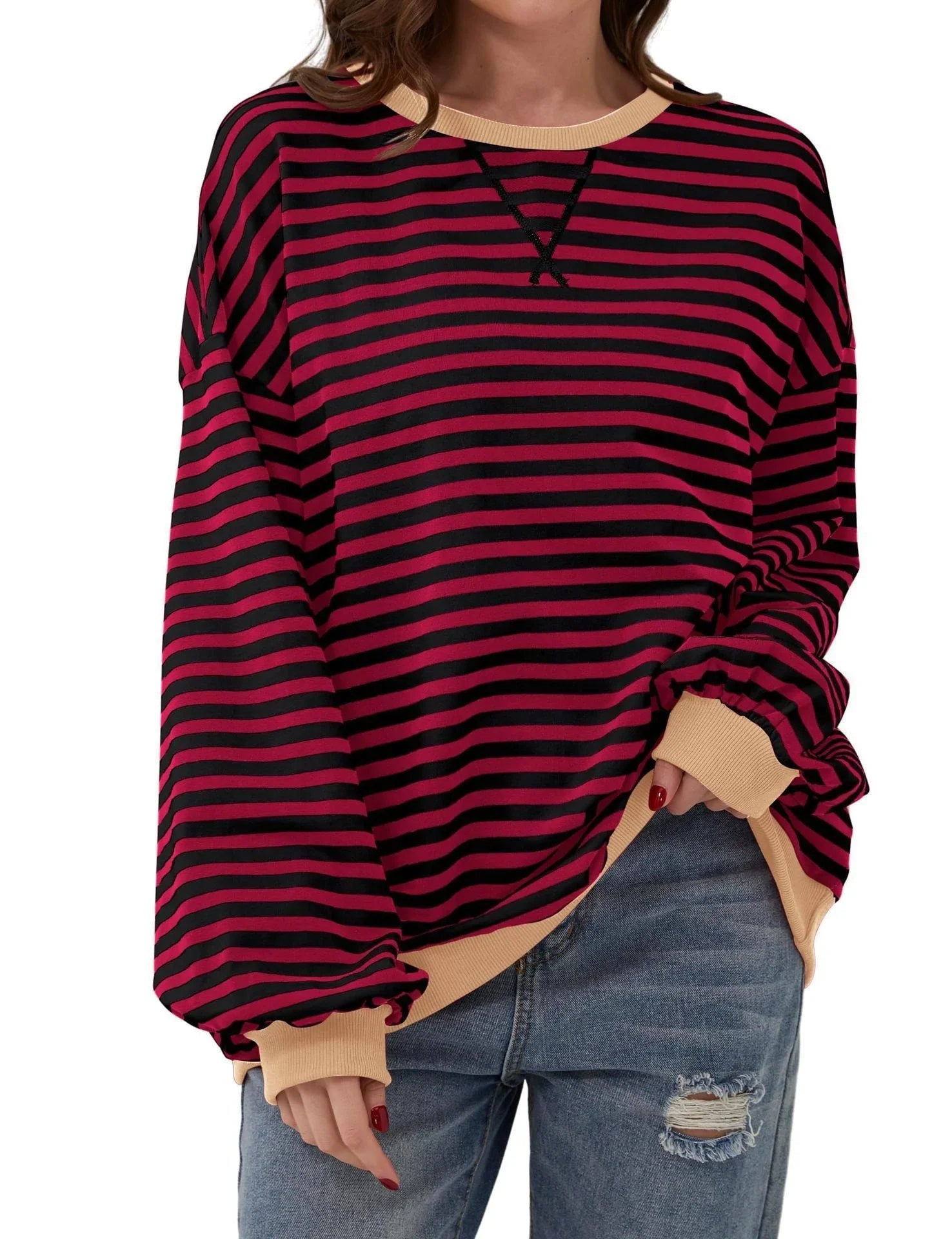Simple new striped round-neck trendy long-sleeve pullover color-block T-shirt for home and casual wear - Johns Direct