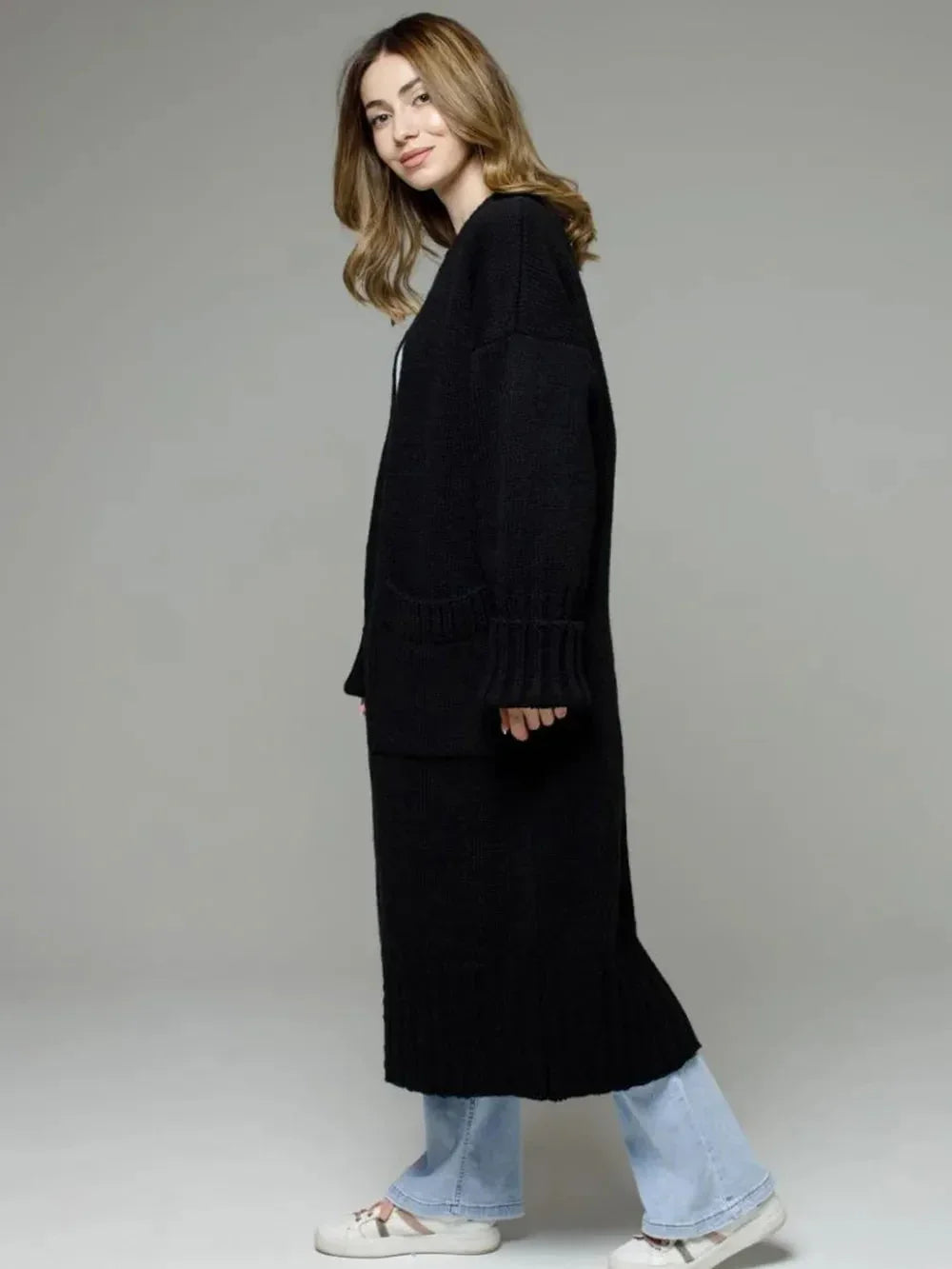 Pocketed Open Front Dropped Shoulder Cardigan - Johns Direct