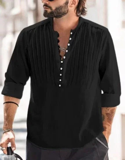 Black men's casual standing collar button shirt