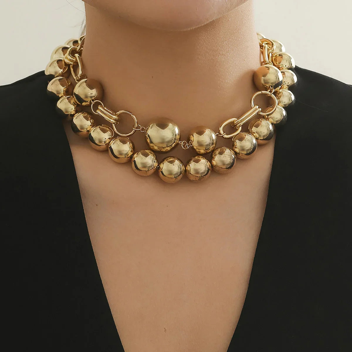 Creative. style round bead double layered necklace necklaces with exaggerated metal chains - Johns Direct