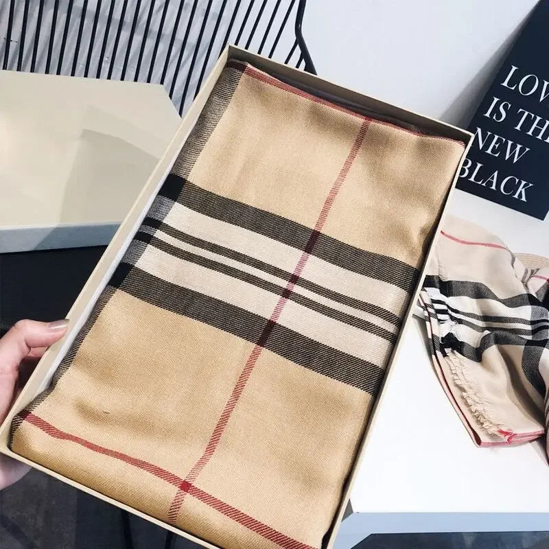Soft warm checked beige fashion scarf in box
