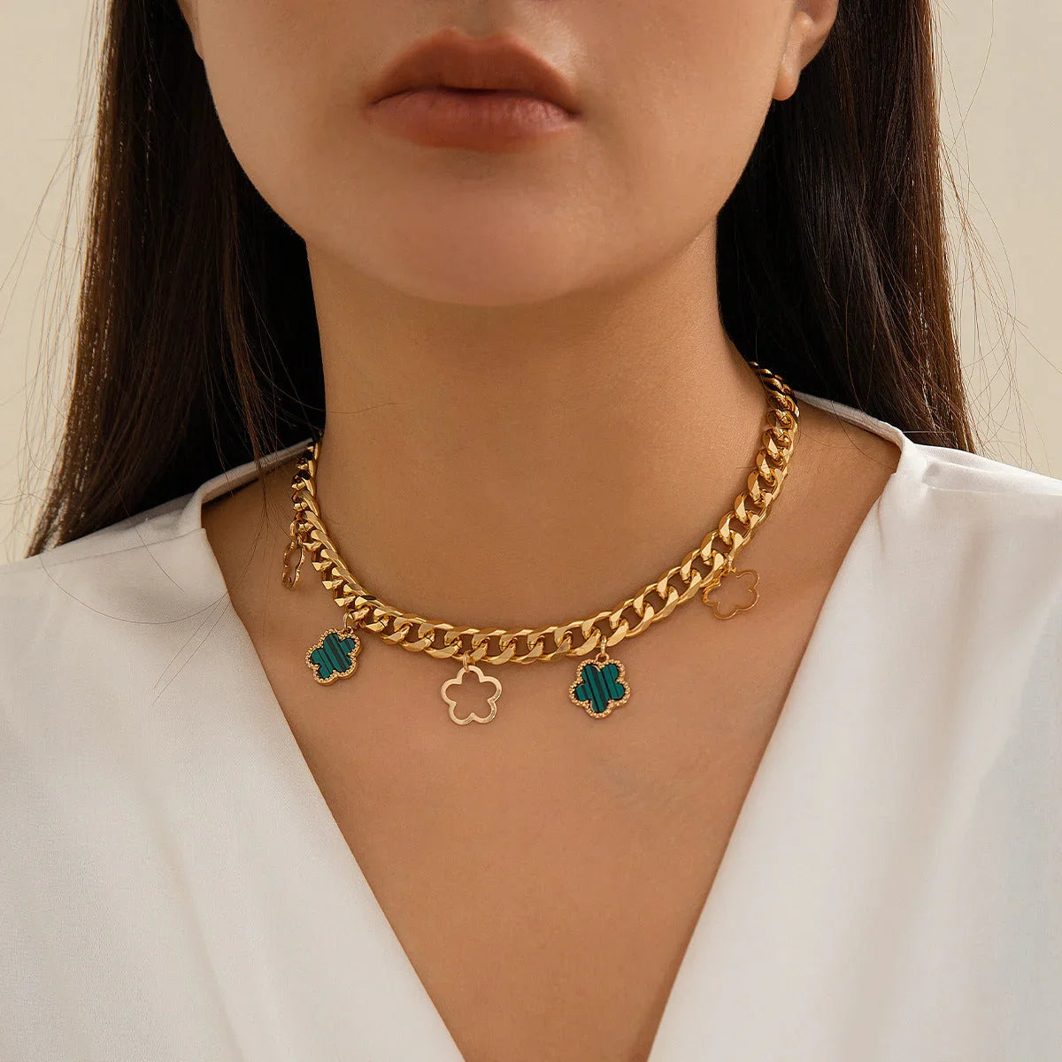 French elegant five leaf clover minimalist style necklace with sweet turquoise patterned flowers necklaces - Johns Direct