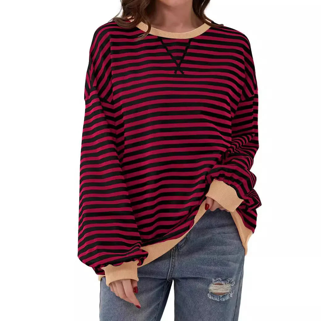 Simple new striped round-neck trendy long-sleeve pullover color-block T-shirt for home and casual wear - Johns Direct
